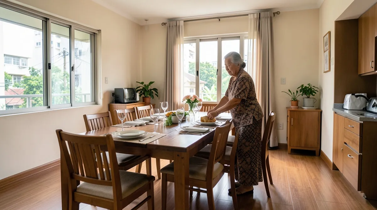 A family enjoying a meal together at a comfortable, well-proportioned dining table