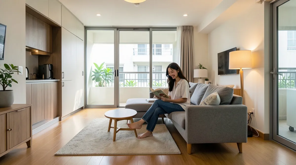 A newly furnished BTO living room with an affordable fabric sofa and coffee table