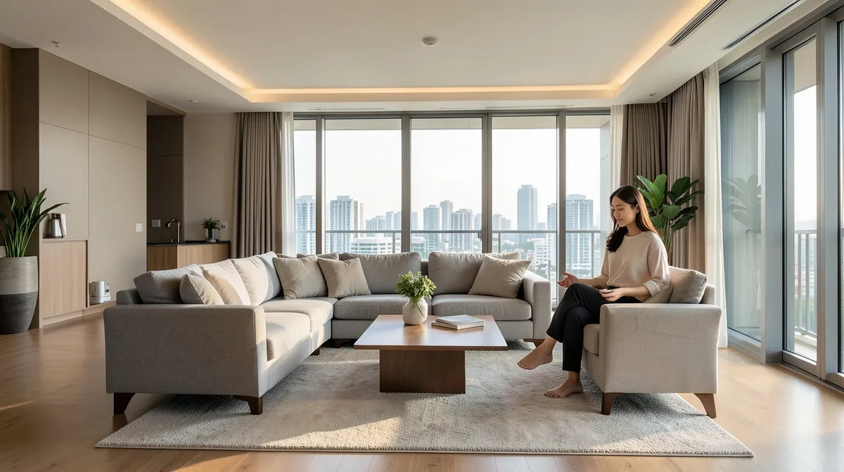 A well-arranged living room showing a conversational sofa and armchair layout around a coffee table