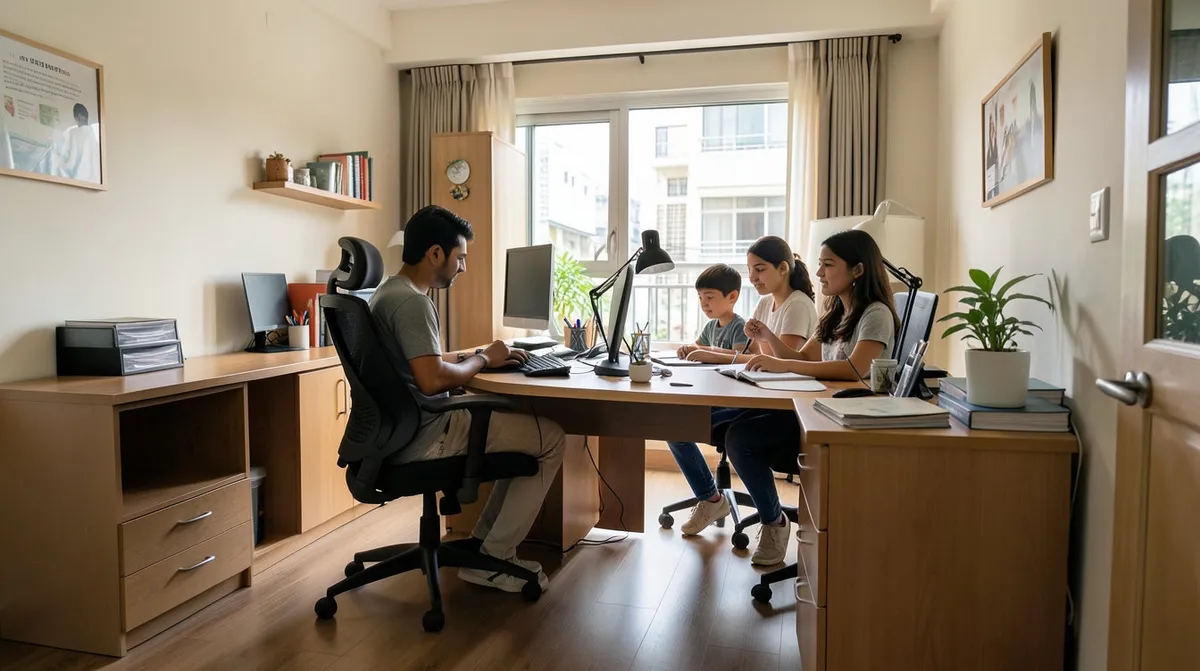 A functional home office setup with an ergonomic chair, desk, and organised shelving