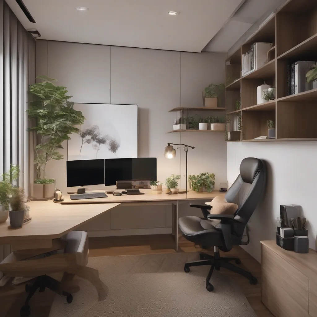 A small, well-organised home office in a Singapore flat using light colours and built-in shelving