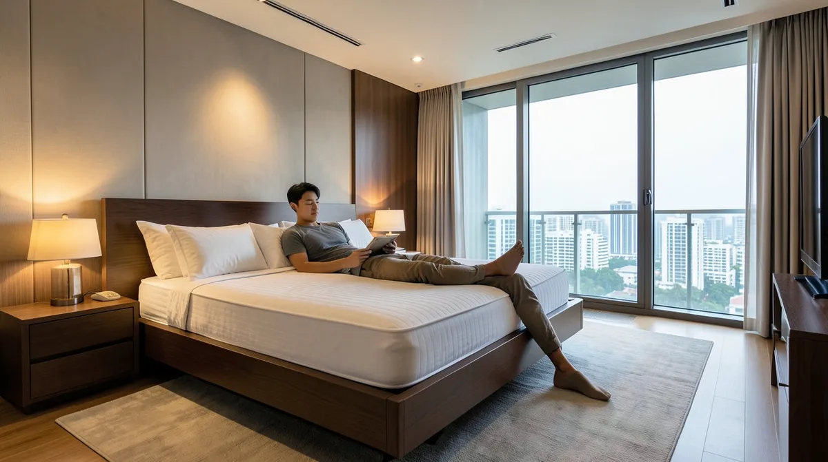 Cross-section style comparison of pocket spring, memory foam and latex mattress layers in a bedroom setting