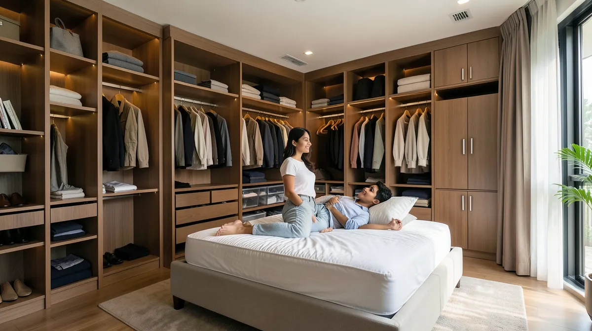 A custom-built sliding wardrobe with mirrored doors fitted into a BTO bedroom