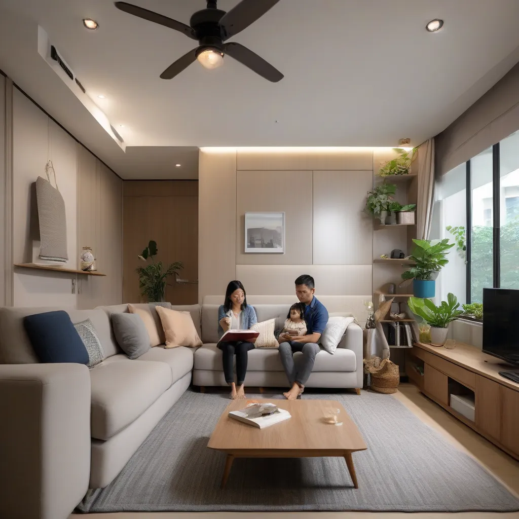 A Singaporean homeowner reflecting thoughtfully in a living room, representing furniture buying regrets
