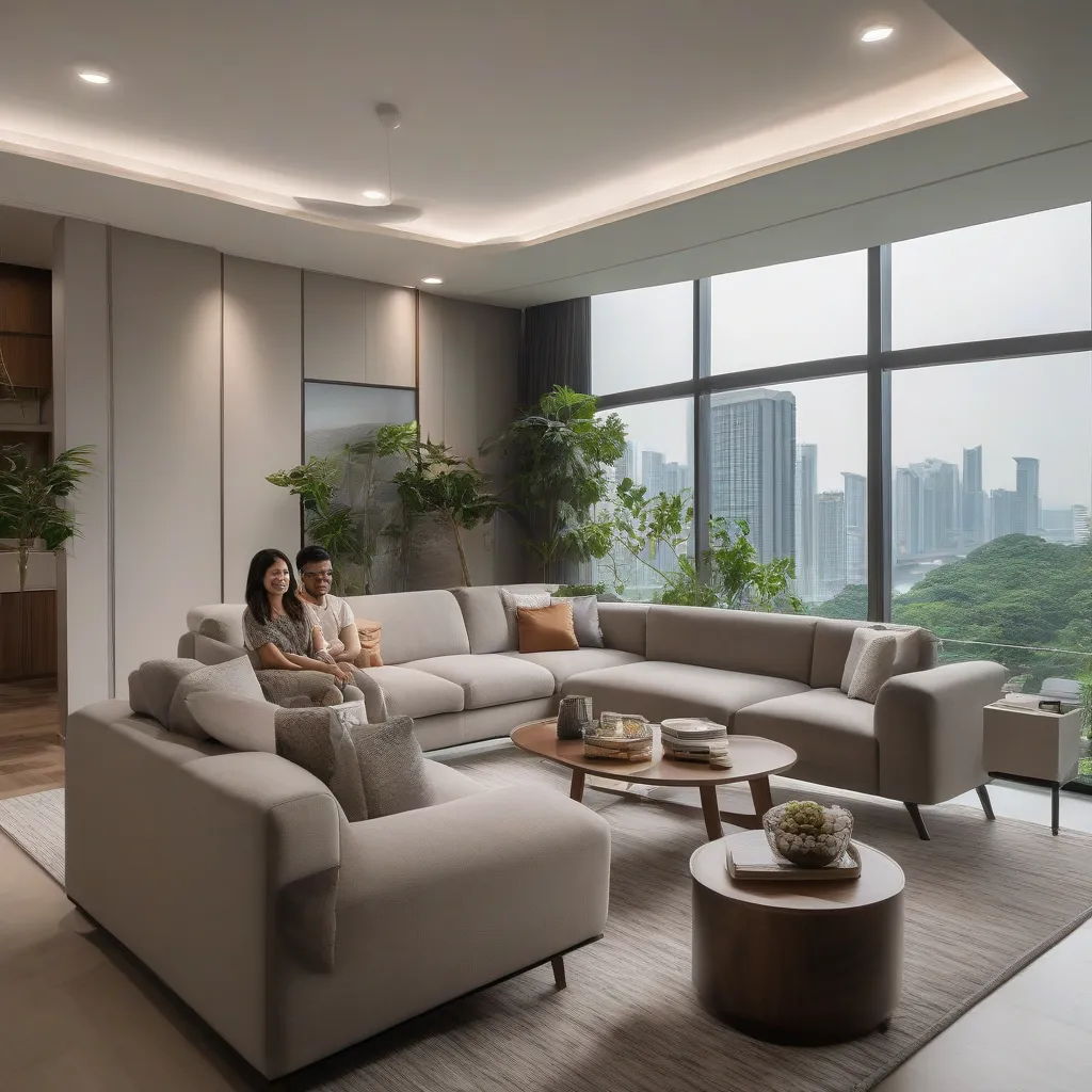 Sustainably sourced wood furniture in a bright, naturally ventilated Singapore living room