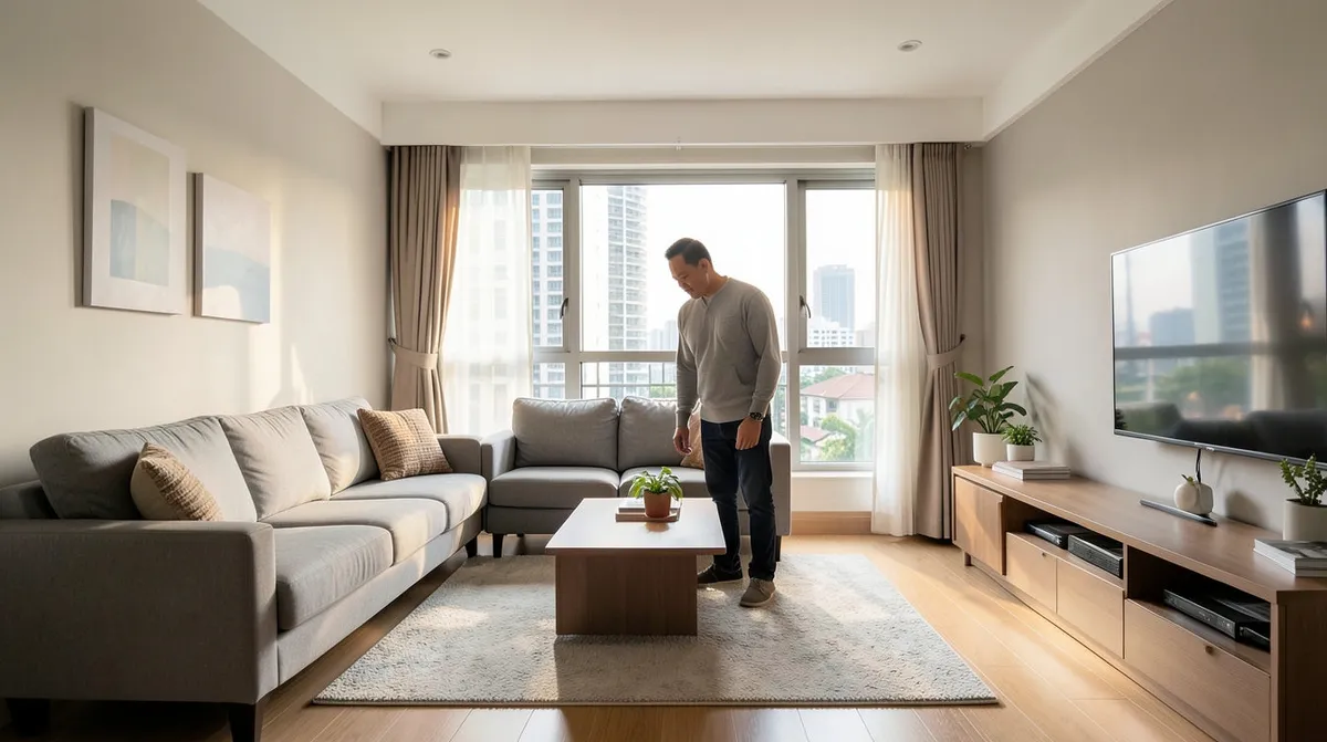 A spacious condo living room being furnished with new upgraded furniture after moving from an HDB flat