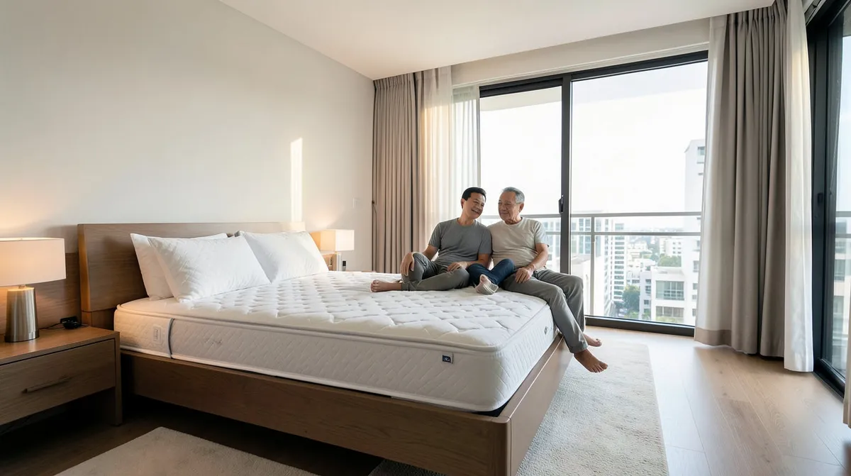 Compact Singapore HDB master bedroom with a bed, side table and wardrobe arranged for comfortable movement
