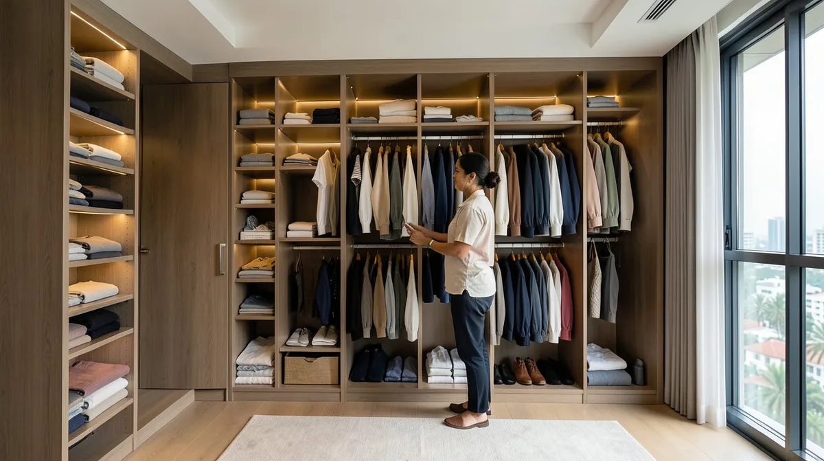 Bedroom wardrobe with sliding mirrored doors in a compact Singapore home