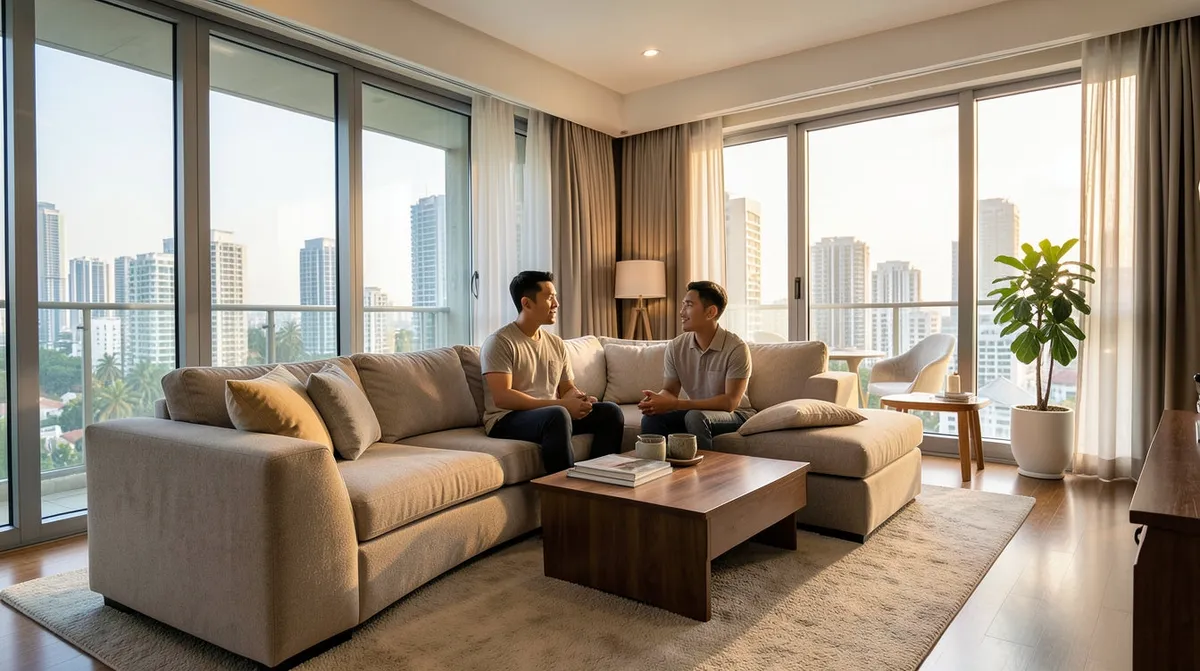 Cosy Singapore living room with a new sofa positioned as the focal point of the space