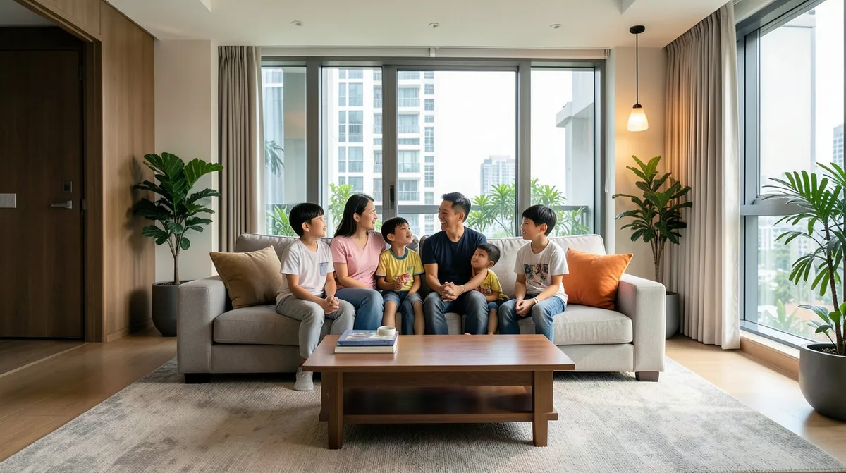 L-shaped sofa anchoring a compact open-concept Singapore living and dining area