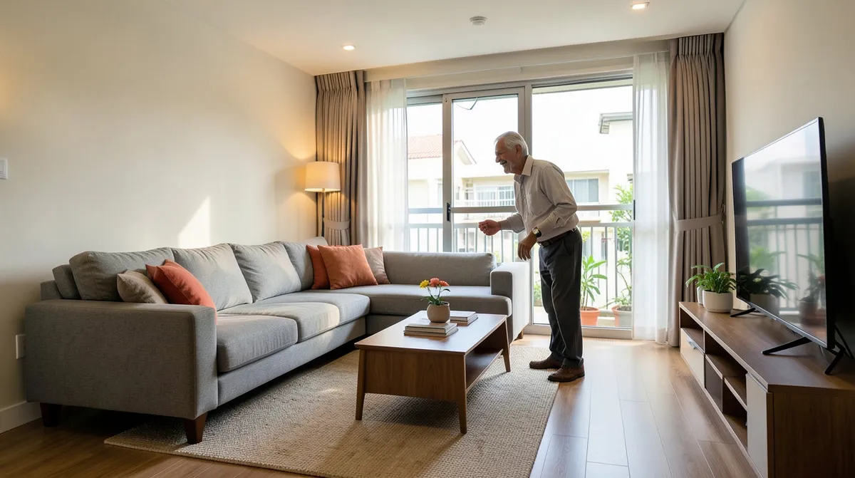 A stylish showroom sofa being compared against the proportions of a compact Singapore living room