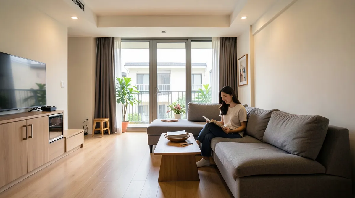 Open-concept BTO living and dining area furnished with proportional, space-conscious furniture