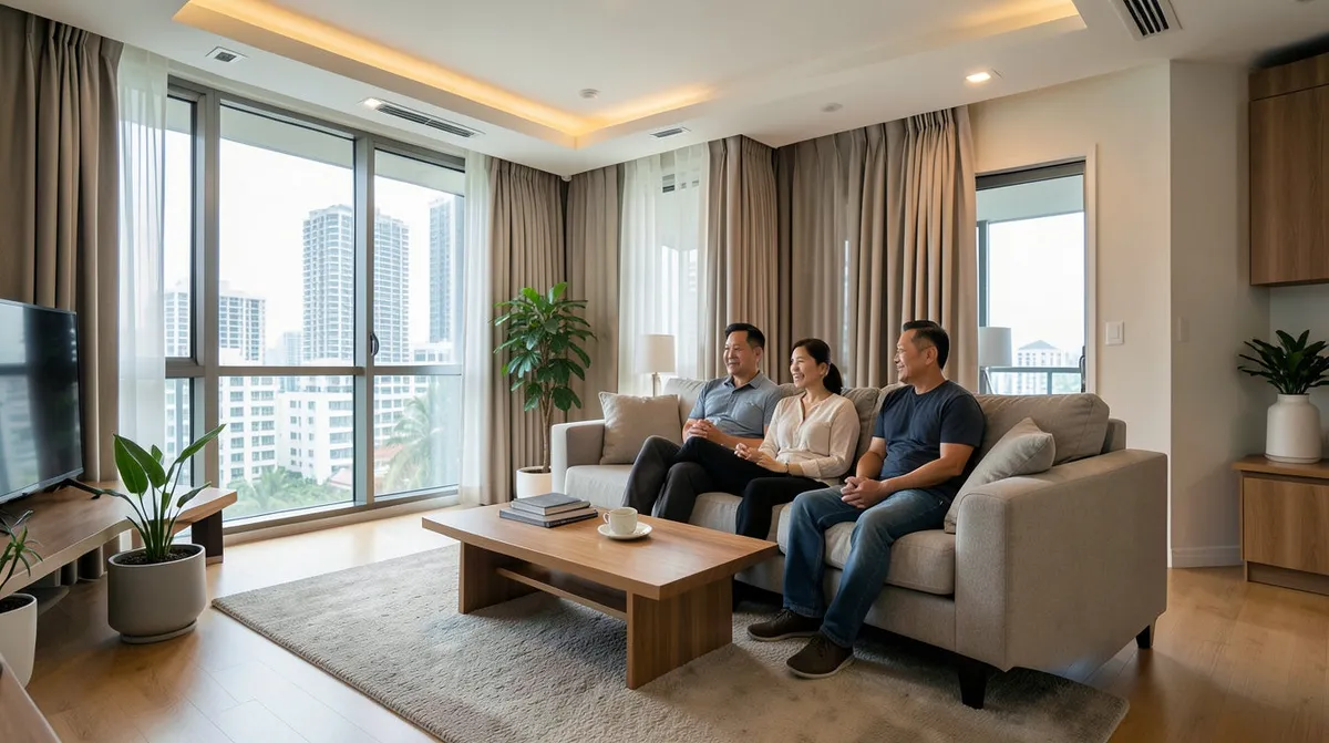 Studio or 2-room HDB flat using a sofa and shelving unit as a room divider to create separate zones