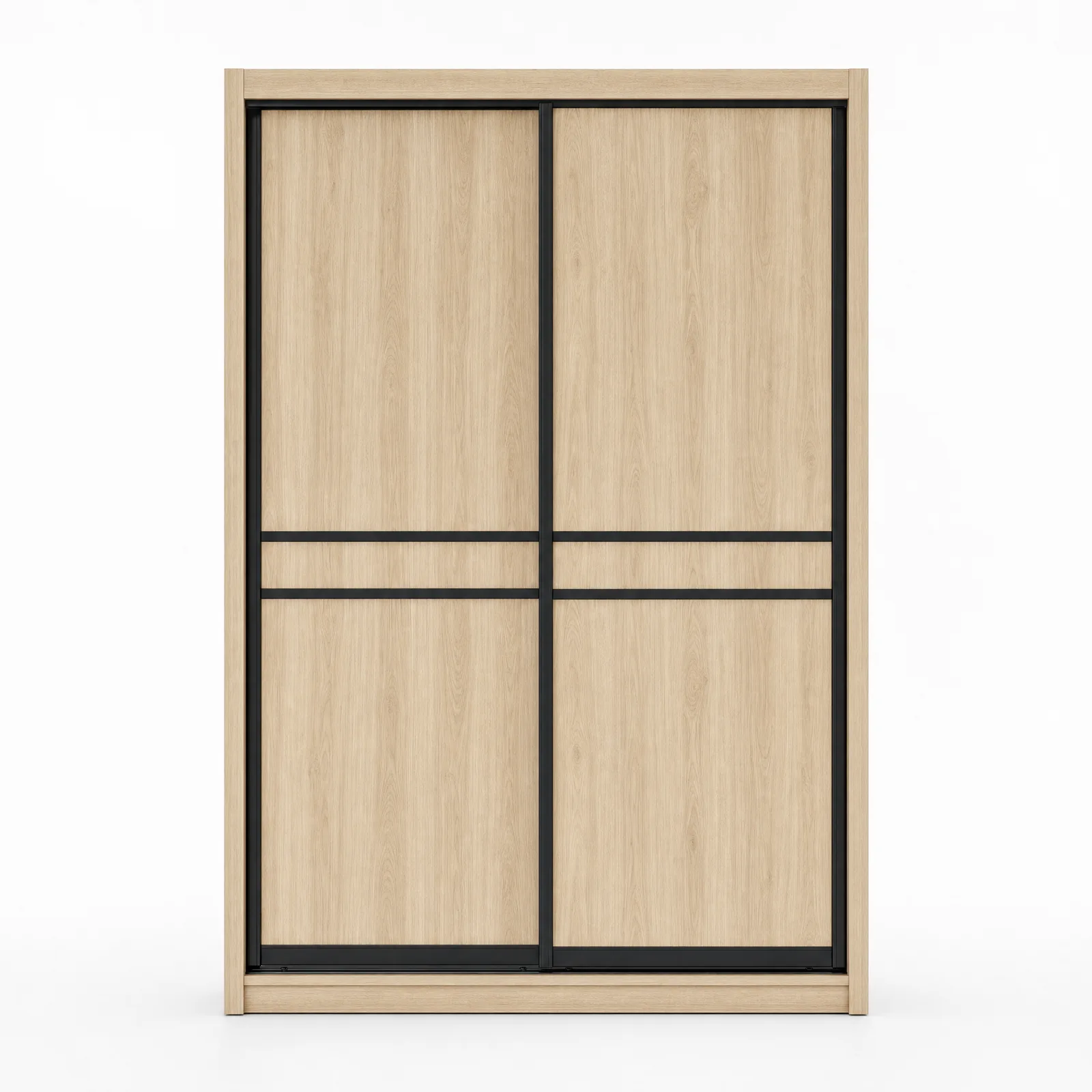 Scandinavian Light Oak Sliding Door Wardrobe with Black Trim, studio view