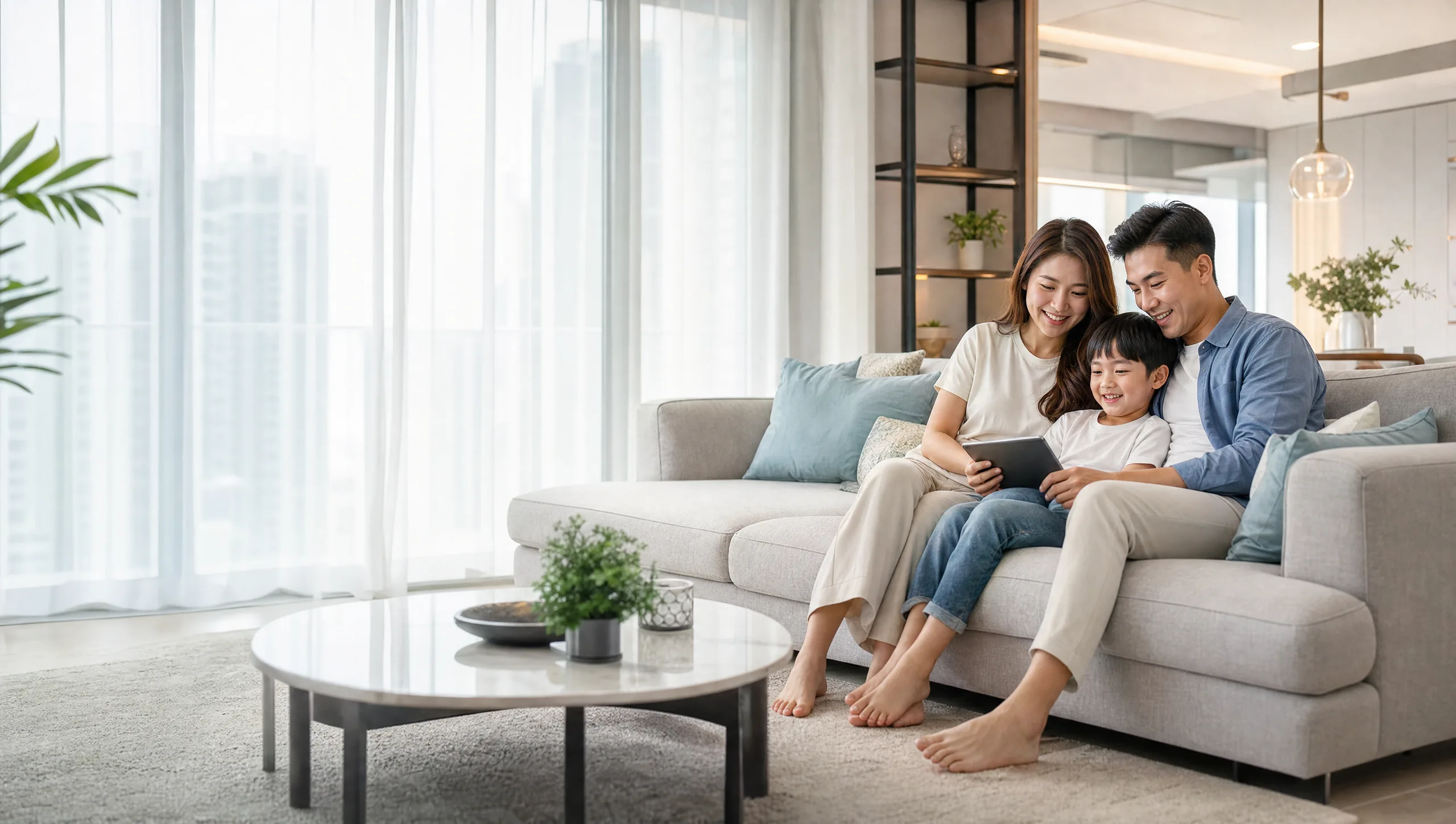 Family relaxing together on a Nova fabric sofa in a bright Singapore living room